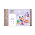 Purple box for pastel magnetic tiles featuring circus-themed illustrations of colorful shapes and stick figures.