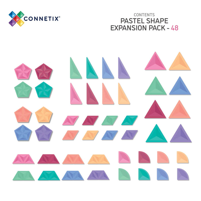 48 pastel magnetic tiles in shapes including pentagons, triangles, rhombuses, and quarter circles in eight soft colors.