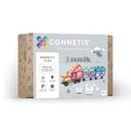 Product packaging for pastel magnetic tiles showing a toy truck build and transport-themed illustrations.