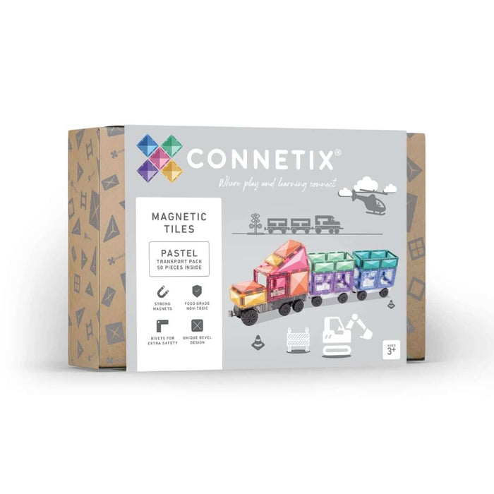 Product packaging for pastel magnetic tiles showing a toy truck build and transport-themed illustrations.