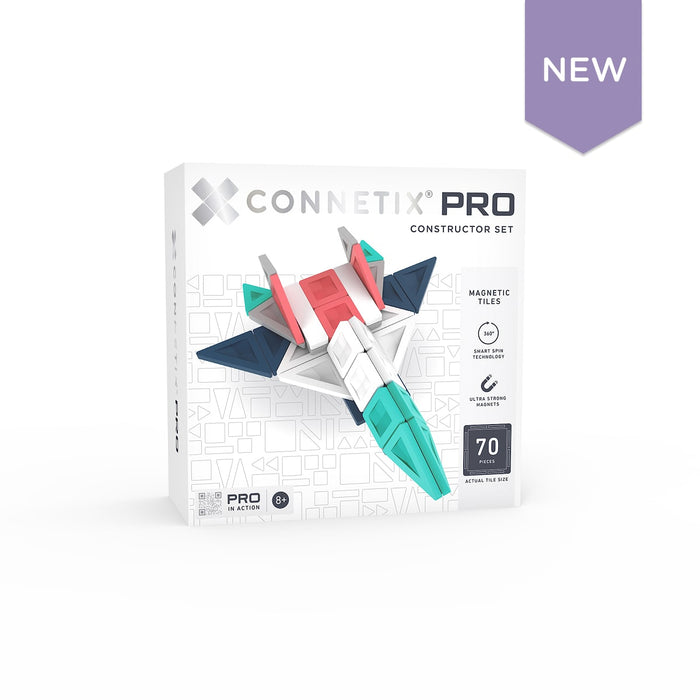 White box for a 70-piece magnetic tile set showing a white, red, teal, and navy blue spacecraft model.