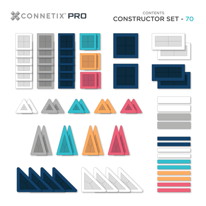 70 magnetic tiles in square, triangle, and rectangle shapes in white, gray, blue, teal, orange, and pink.