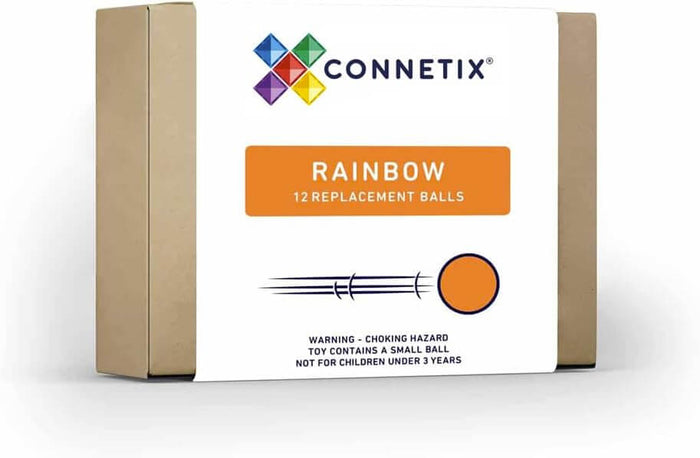 White and tan box for Connetix showing a rainbow gem logo, orange label for 12 balls, and an orange ball graphic.