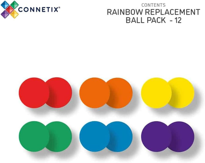 Twelve solid-colored balls displayed in pairs of red, orange, yellow, green, blue, and purple.