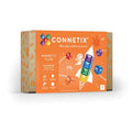 Orange Connetix toy box featuring a rocket built with colorful magnetic tiles and space-themed illustrations.