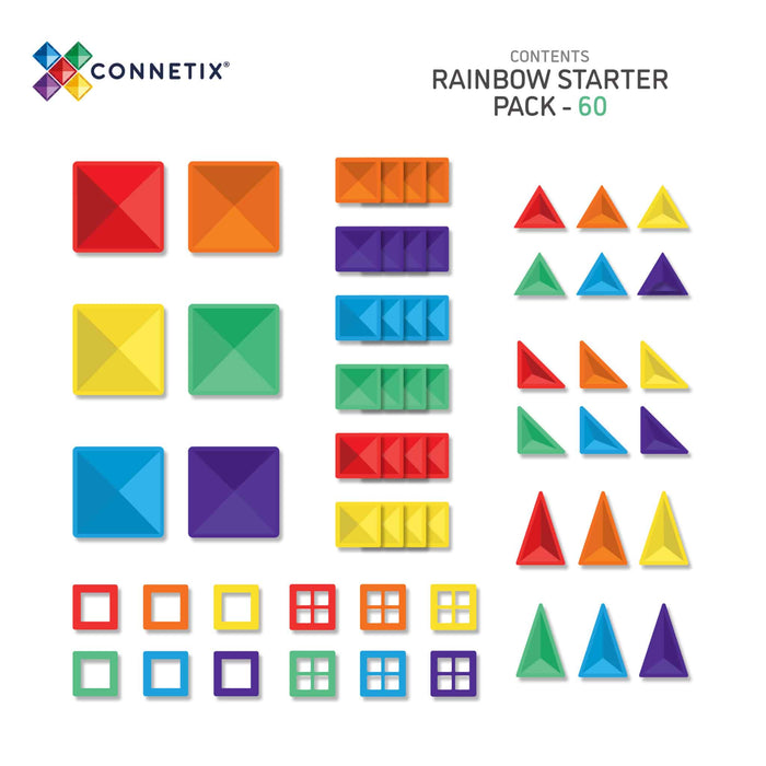 60 magnetic tiles in rainbow colors and various shapes including squares, triangles, and window frames laid out flat.