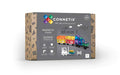 Gray box for magnetic tiles showing a toy truck and trailers built from 50 rainbow-colored geometric pieces.