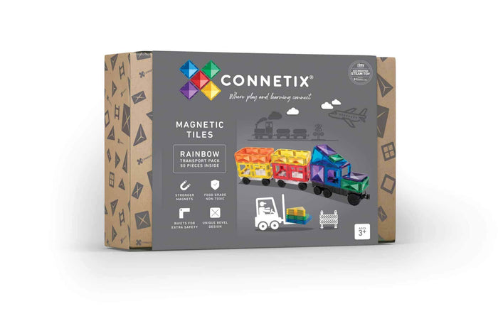 Gray box for magnetic tiles showing a toy truck and trailers built from 50 rainbow-colored geometric pieces.