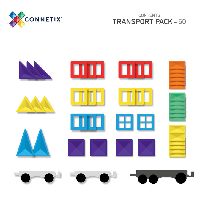Rainbow magnetic tiles in various shapes and three toy vehicle bases of different sizes on a white background.