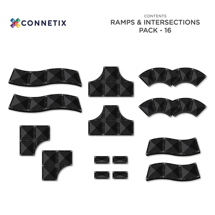 16 black magnetic tiles including wavy ramps, T and L intersections, arches, and rectangles on a white background.