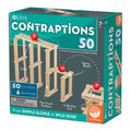 Teal box for Contraptions 50 featuring a wooden plank marble run with red balls and a label for 50 pine planks.