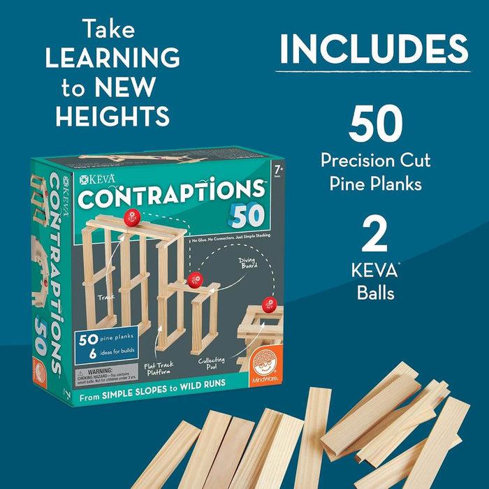 Teal KEVA Contraptions 50 box showing wooden builds next to a pile of pine planks on a blue background.