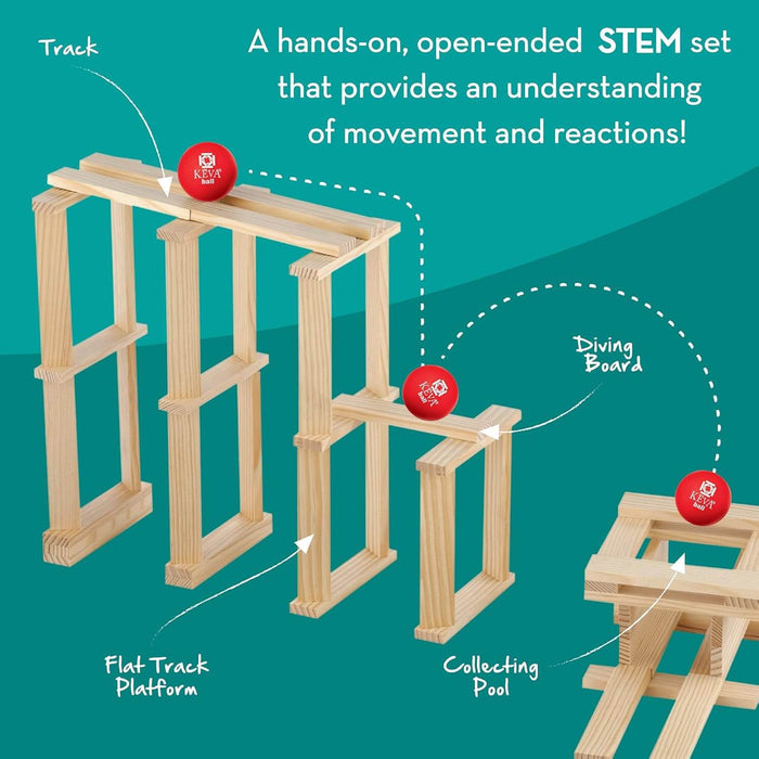 Red ball rolling through a wooden plank obstacle course with tracks and a diving board on a teal background.