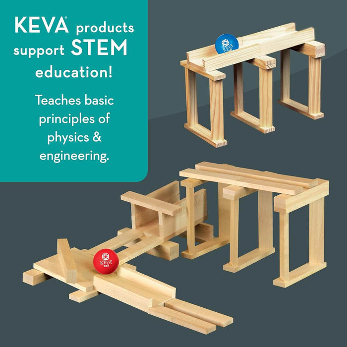 Light-colored wooden plank structures forming ball runs with red and blue balls next to a teal STEM text block.