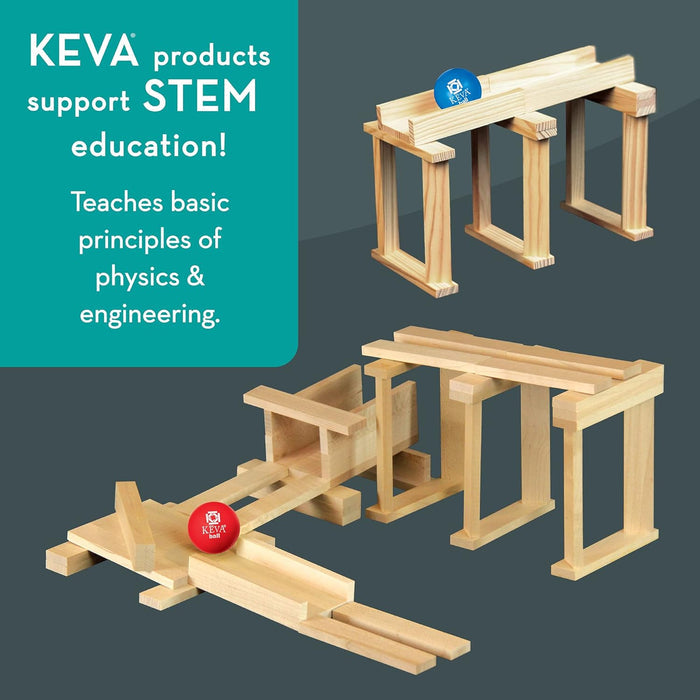 KEVA wooden plank set built into bridges and ramps with red and blue balls. Text highlights STEM education.