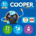 Spherical black and blue robot with orange claws and blue wheels, shown with STEM and screen-free coding icons.