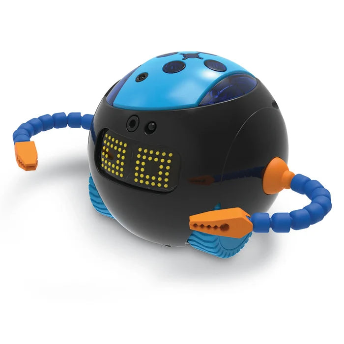 Spherical black robot with blue top, yellow LED eyes, blue treads, and flexible blue arms with orange claws.