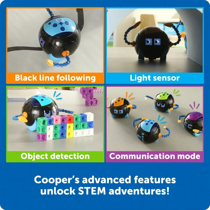 Four panels show a spherical toy robot demonstrating line following, light sensing, object detection, and communication.