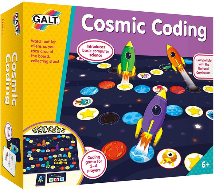 Yellow and purple Galt Cosmic Coding game box showing colorful rockets traveling across a space-themed board.
