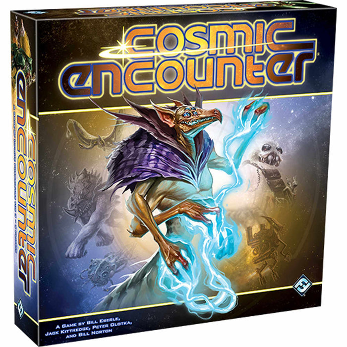 Cosmic Encounter game box showing a multi-eyed, four-armed alien holding blue energy in a starry galaxy.