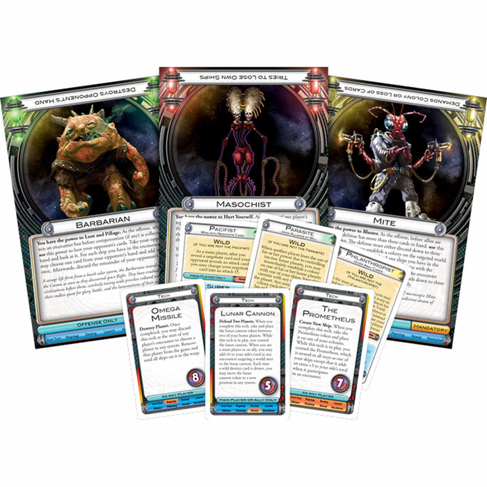 Fanned-out sci-fi board game cards featuring alien character portraits, technology cards, and game text.