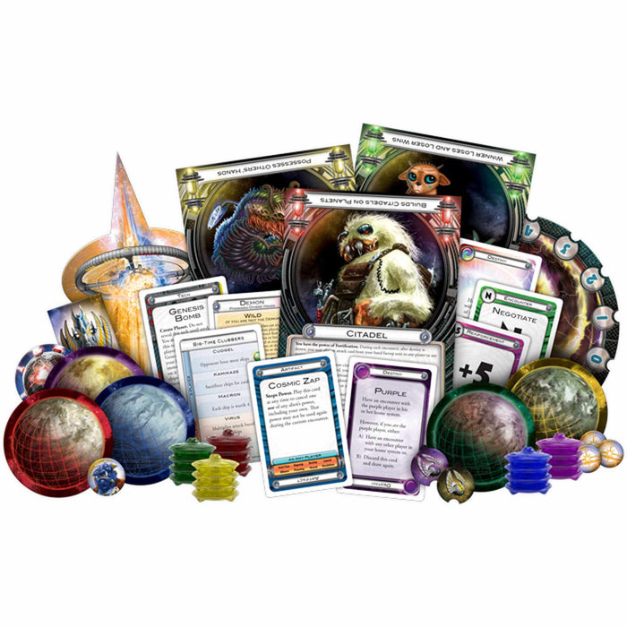 Space-themed board game pieces including colorful planet spheres, alien character cards, and stacked plastic ships.