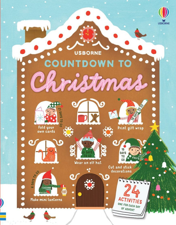 Brown gingerbread house book cover with white frosting trim, festive characters, and a 24-day advent calendar.