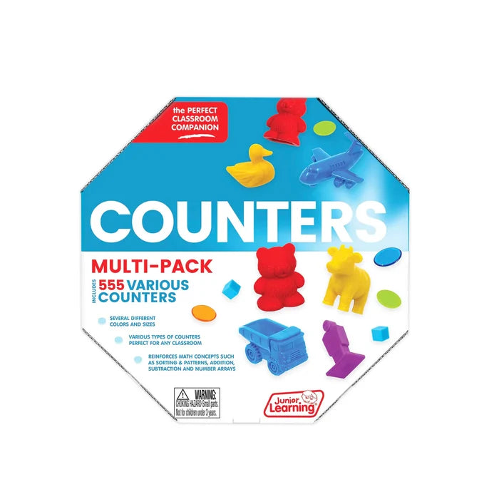 Hexagonal box of 555 colorful counters in animal, vehicle, and geometric shapes like bears, ducks, planes, and trucks.