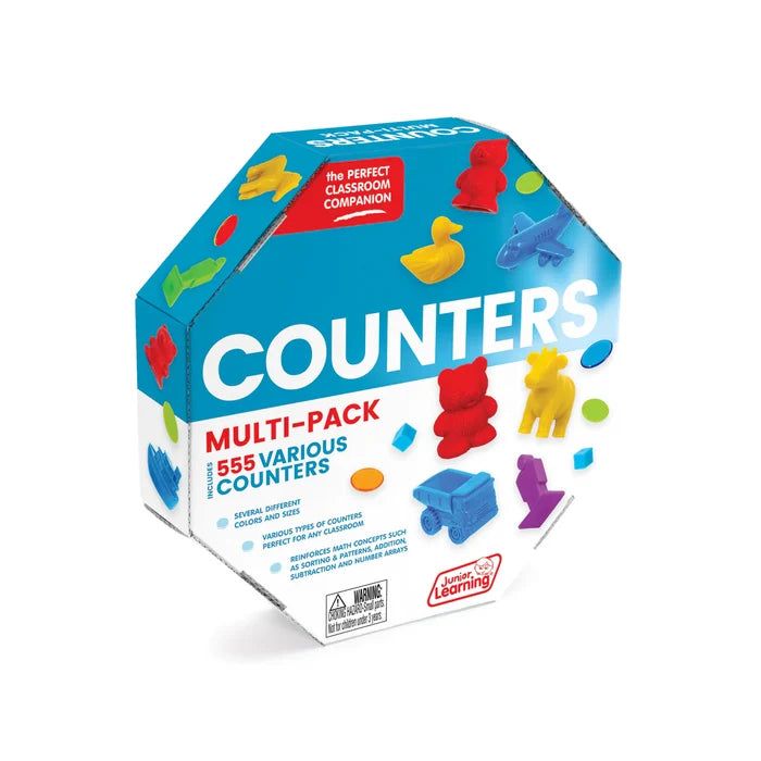 Hexagonal blue box featuring 555 colorful plastic counters shaped like bears, ducks, vehicles, and geometric blocks.