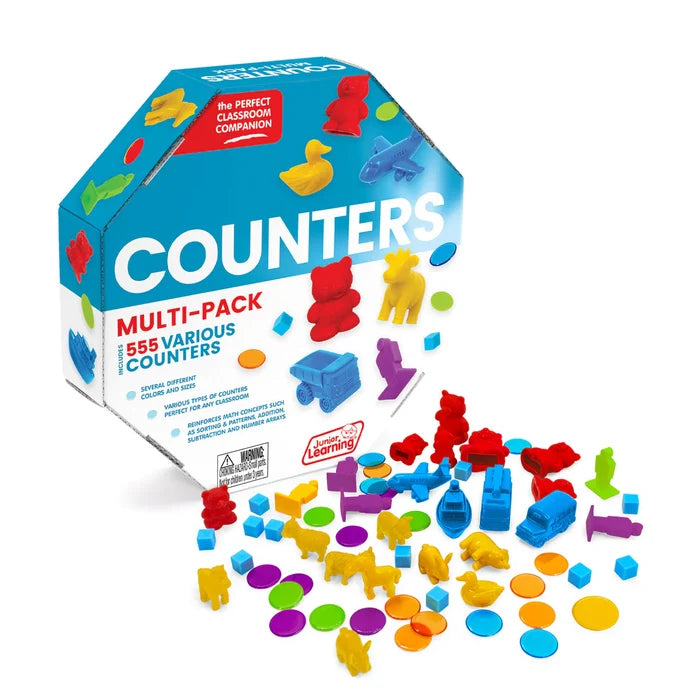 Brightly colored plastic counters shaped like animals, vehicles, and cubes spilling from an octagonal blue box.