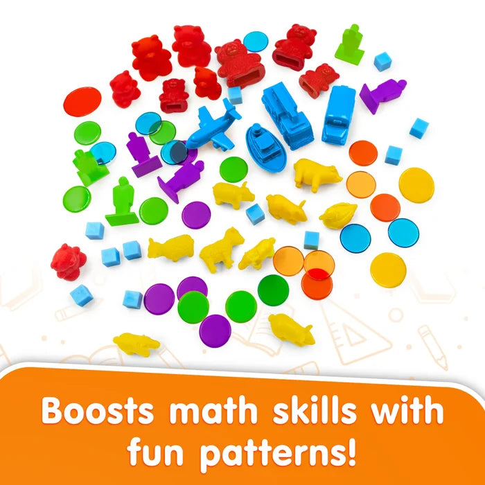 Colorful plastic counters shaped like bears, animals, vehicles, and discs for learning math patterns.