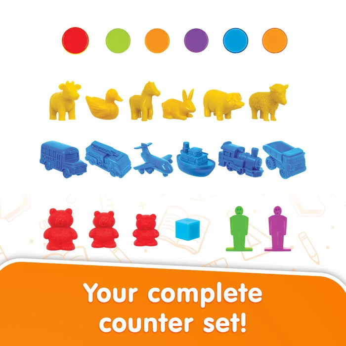 Colorful plastic counters in animal, vehicle, bear, and human shapes in red, yellow, blue, green, and purple.
