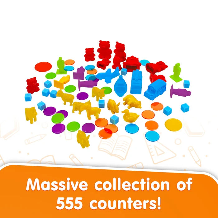 Colorful plastic counters shaped like animals, vehicles, and circles scattered on a white background.