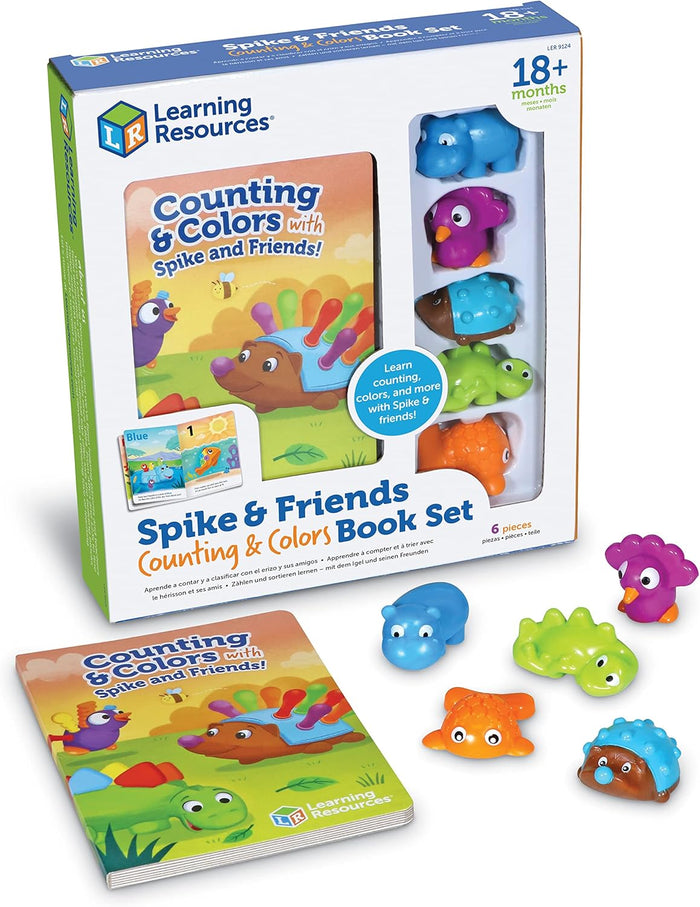 Boxed toy set with a colorful board book and five bright plastic animal figurines: hippo, bird, hedgehog, lizard, and crab.