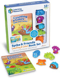 Boxed toy set with a colorful board book and five bright plastic animal figurines: hippo, bird, hedgehog, lizard, and crab.
