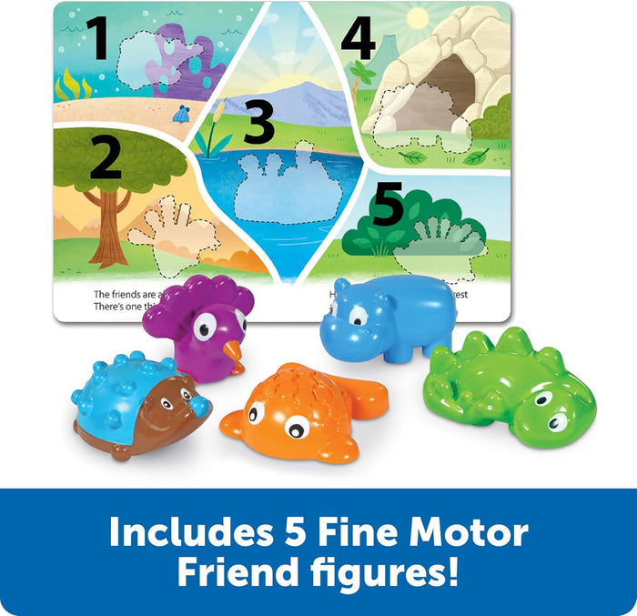 Five colorful plastic animal toys and a numbered activity board with matching dashed animal silhouettes.