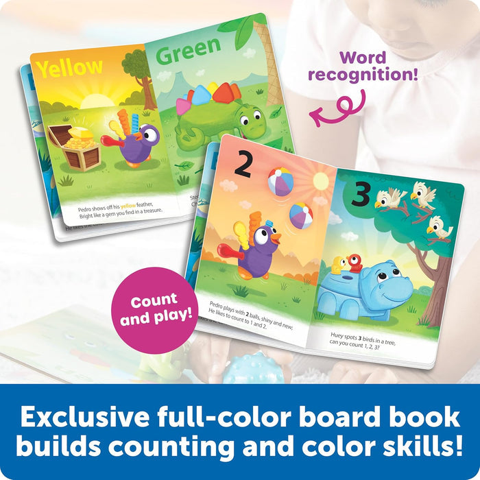 Colorful board book spreads featuring a purple bird, green dinosaur, and blue hippo for learning colors and counting.