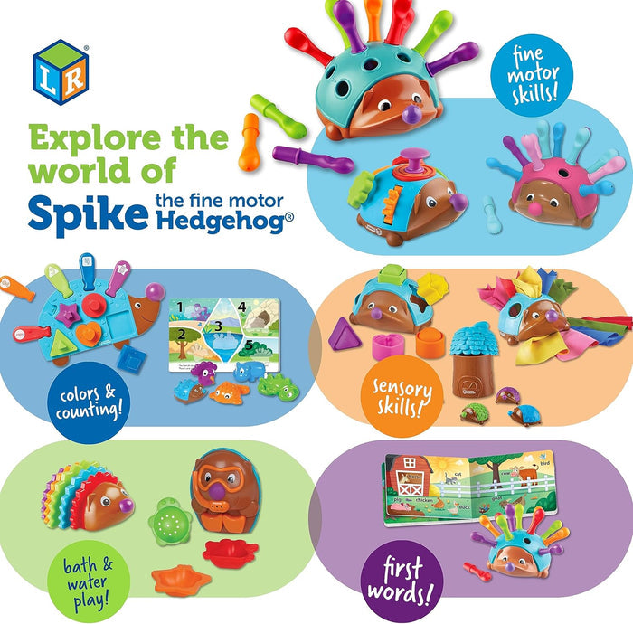 Collage of colorful hedgehog toys featuring shape sorting, numbered quills, sensory play, and water play accessories.