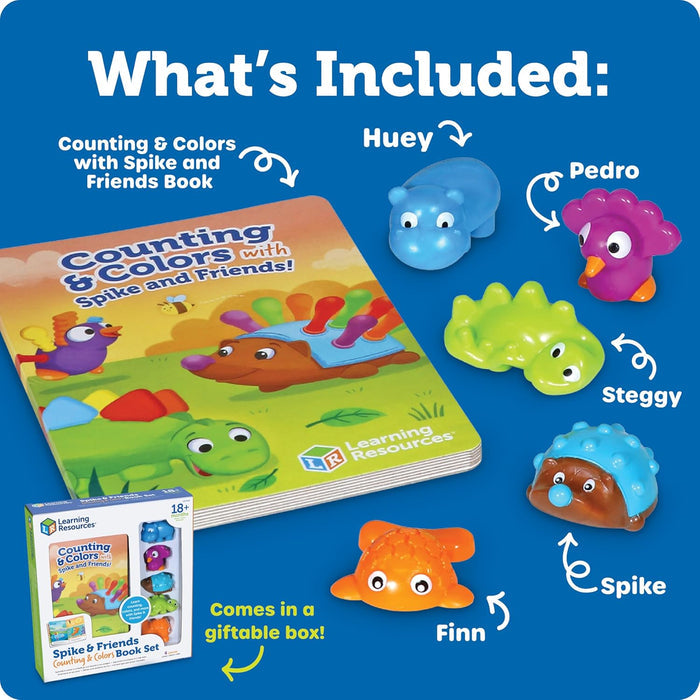 Board book and 5 animal figures: blue hippo, purple bird, green dinosaur, brown and blue hedgehog, and orange turtle.
