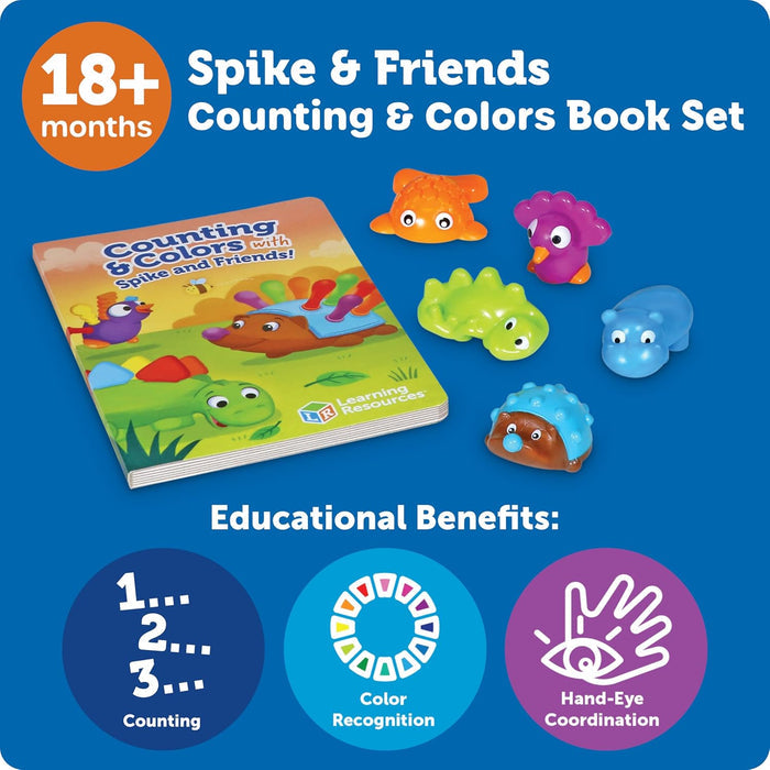Board book and five colorful animal toys for ages 18m+, with icons for counting, color, and hand-eye coordination.