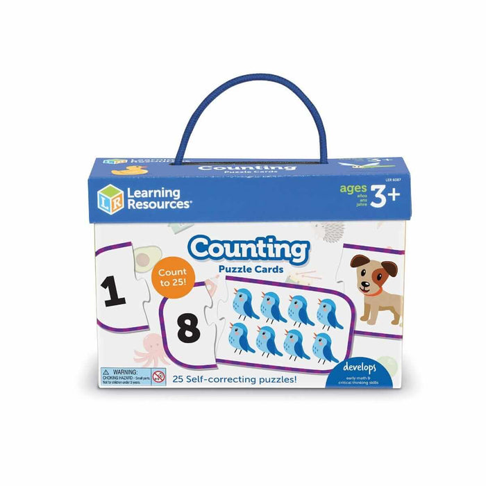 Blue box of counting puzzles featuring a blue handle and illustrations of bird and dog puzzle pieces.