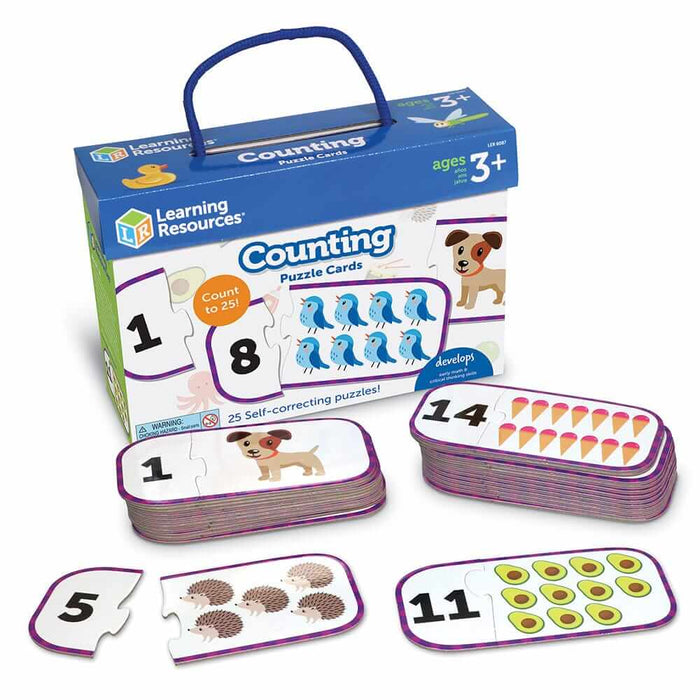 Blue handled box with educational puzzles matching numbers to colorful sets of animals and food.