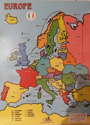 Brightly colored map of Europe jigsaw puzzle featuring country labels and capitals on a light blue background.