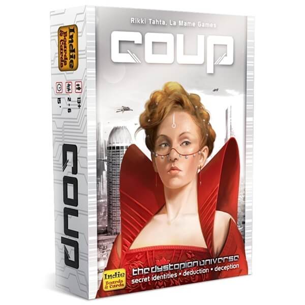 White box with large gray COUP title and artwork of a ginger-haired woman in a high-collared red dress.