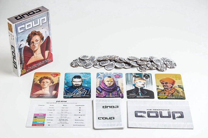 Coup game box with futuristic art, five character cards, silver hexagonal tokens, and game rules on a white background.