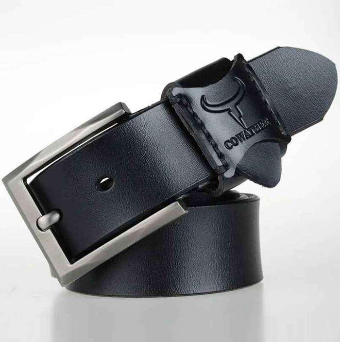 Black genuine leather men's casual and business belt by Mead's Supply & Equipment Outfitters, 100cm length, with a sleek buckle.