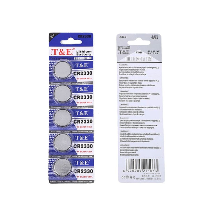 Five CR2330 watch batteries from That Watch Shop, compact and silver, arranged in a row for electronic timepieces.