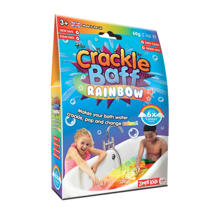 Colorful Crackle Baff Rainbow packaging showing kids in a bathtub of vibrant, multi-colored water and bubbles.