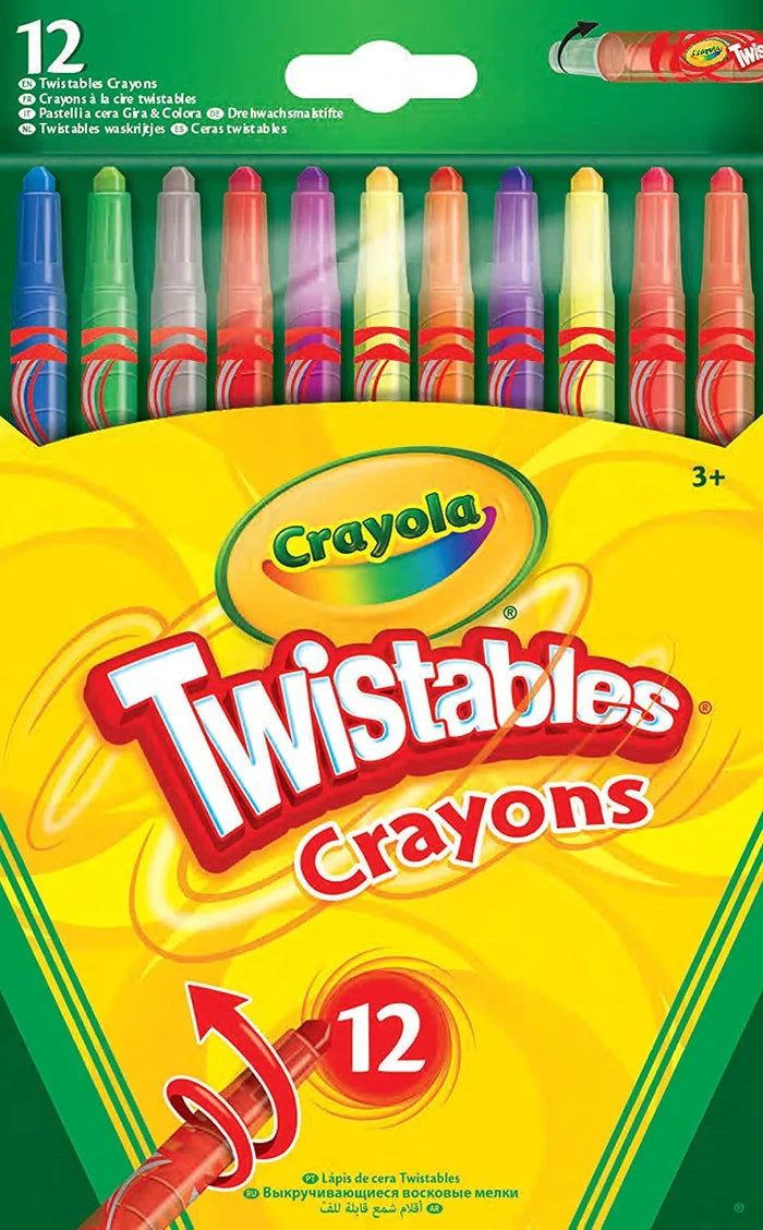 Yellow box of 12 Crayola Twistables Crayons featuring a row of multi-colored tips in clear plastic barrels at the top.