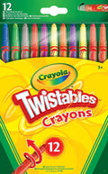 Yellow box of 12 Crayola Twistables Crayons featuring a row of multi-colored tips in clear plastic barrels at the top.